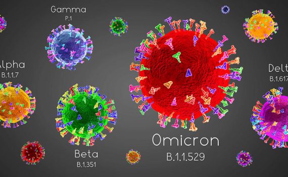 SARS-CoV-2, Covid-19 virus variants: alpha, beta, gamma, delta, omicron - 3D illustration